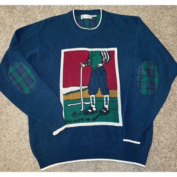 VTG 1990s Grandpacore Golf Sweater All Over Print  XL Ugly Sweater Elbow Patches - Picture 7 of 10